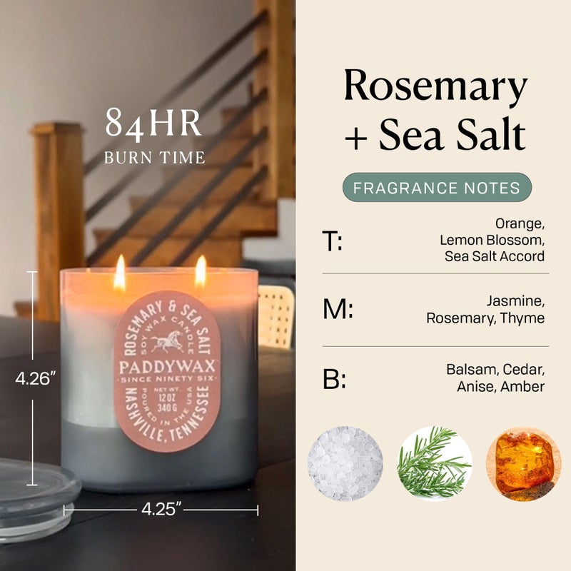 Paddywax Vista Scented Candle with Lid in Reusable Tonal Glass Jar, Clean-Burn 2-Wick Soy Candle with Approx. 84 Hour Burn Time, Decorative Gift Candles for Home, Rosemary & Sea Salt, 12 oz - Image 2